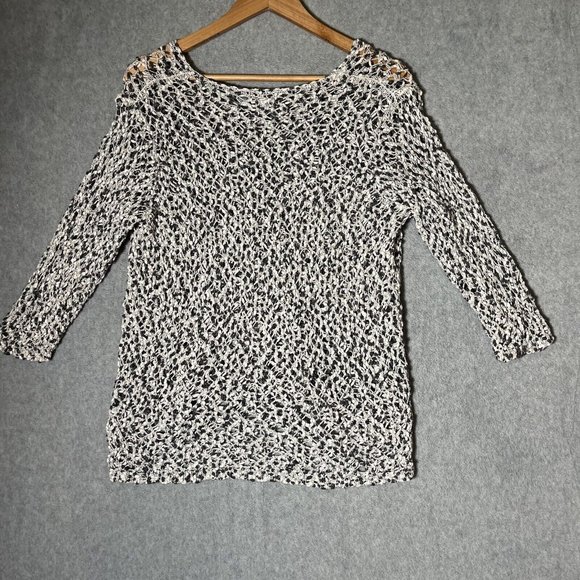 J Jill Sweater Womens Medium Black White Open Knit Popover Pullover Chunky - Picture 10 of 11